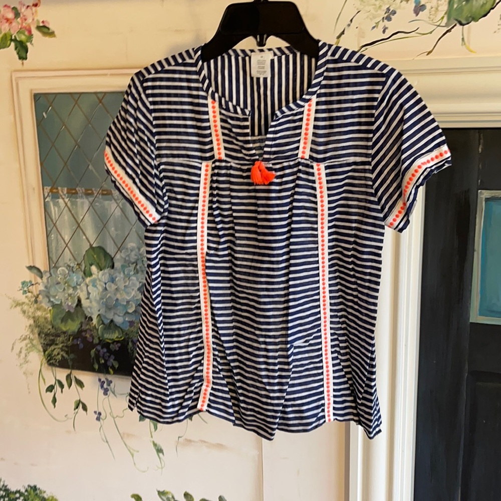 Crewcuts linen navy and white striped shirt girls size 10